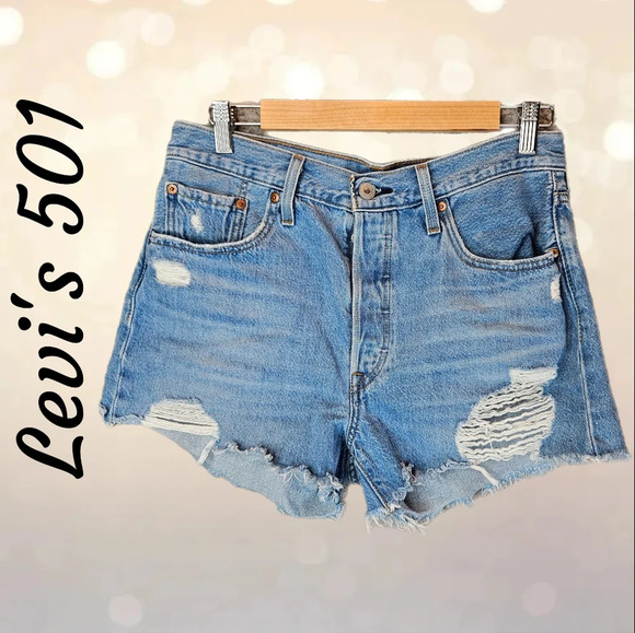 Levi's Womens 501 Blue Denim Distressed Jean Shorts Sz 29 Cut Off - Picture 1 of 10